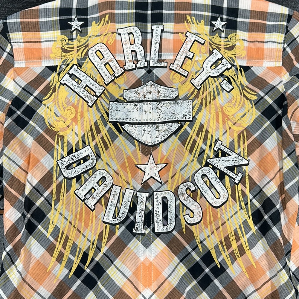 Harley-Davidson Women’s Orange and Black Plaid Shirt with Rhinestone Wing - XS - Picture 5 of 10